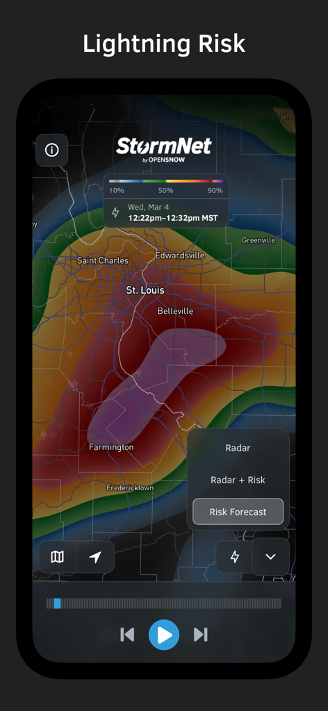 StormNet app interface showing a lightning risk forecast map for the St Louis area