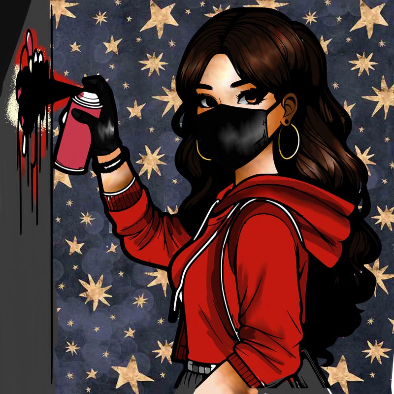 realistic girl with mask spray painting a wall