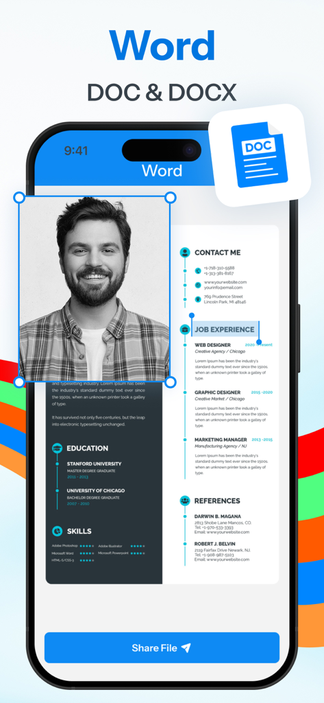 All Document Reader: PDF, Word - 共有ボタン付きの履歴書のWord文書ビューアーを表示するiPhoneアプリのインターフェース