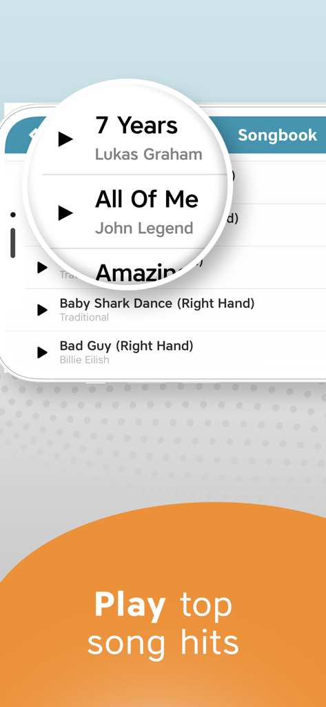 A menu in the Piano Keyboard app showing a songbook with popular music hits to play