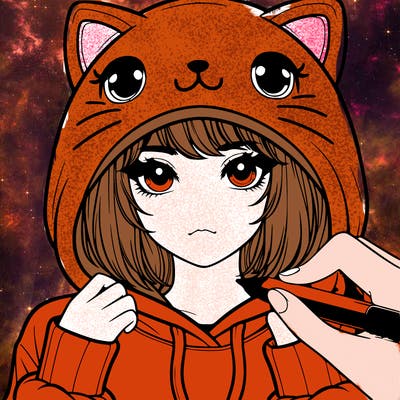 realistic girl with a cat hoodie on