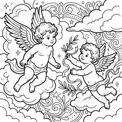 Float into a world of classical beauty with this charming Putti and Cherubs coloring page. Its clear, large outlines make for a relaxing and engaging artistic experience, ideal for seniors.