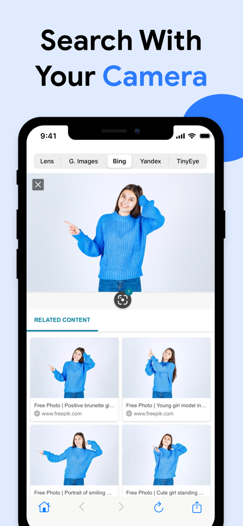 Lens: Reverse Image Search AI - Screenshot of the Lens app showing reverse image search results for a photo of a woman in a blue sweater using the Bing search engine
