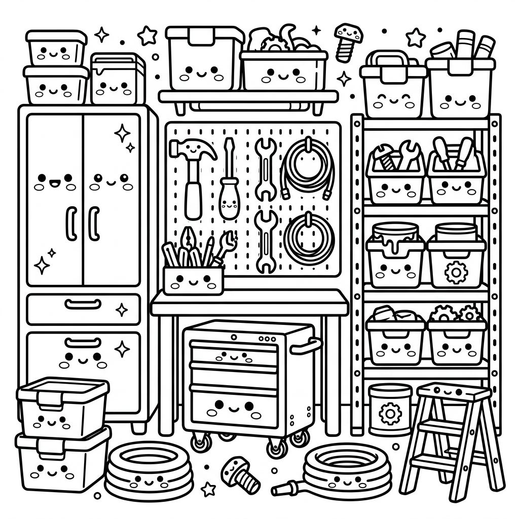 Kawaii Garage Storage Coloring Page | Cute Organizer Fun — Color Pop
