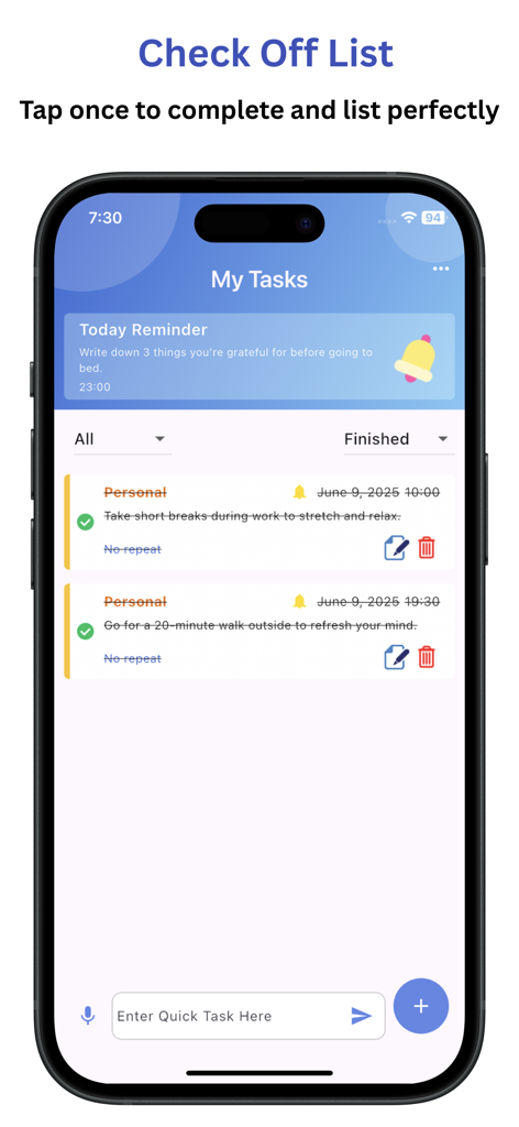 Daily Schedule Planner: Notify - A mobile phone screen showing a completed checklist of tasks within the Daily Schedule Planner app