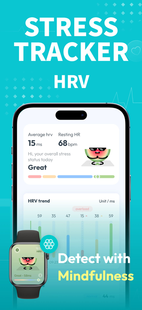 Heart Rate: Pulse Monitor & BP - Stress tracker and heart rate variability HRV monitoring interface on iPhone and Apple Watch