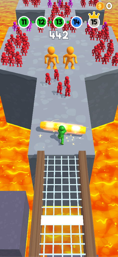 A green stickman character pushing red enemies off a ledge with a glowing stick
