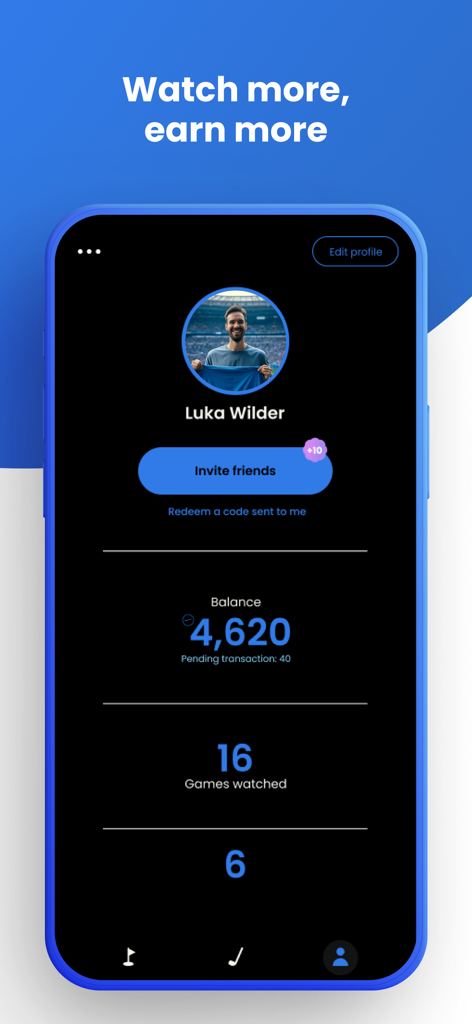 Wunderfan - Bildschirm des Wunderfan App-Benutzerprofils, der den Saldo der verdienten Belohnungen und die Gesamtzahl der angesehenen Spiele anzeigt