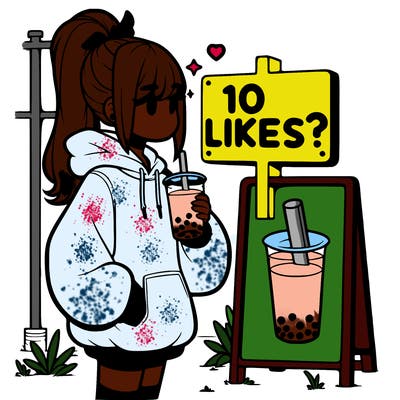 girl with oversized hoodie drinking boba and she has a high ponytail with a sign that says 10likes?