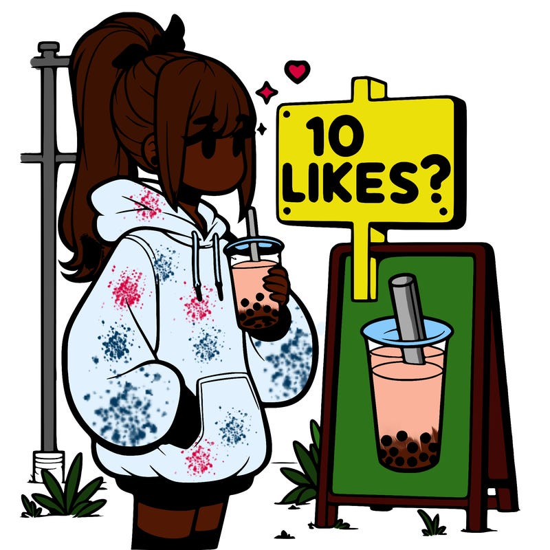 girl with oversized hoodie drinking boba and she has a high ponytail with a sign that says 10likes?
