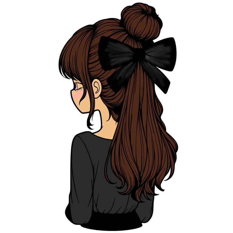 realistic girl  with hip length hair a bun and a big bow on the back of head