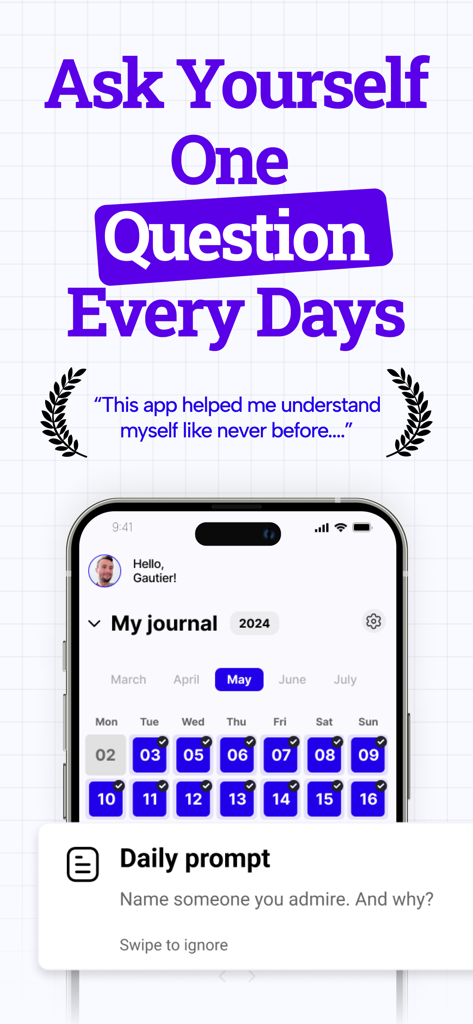 Daily Journal: ULY - Daily Journal ULY app interface featuring a daily self-reflection prompt and monthly progress calendar.