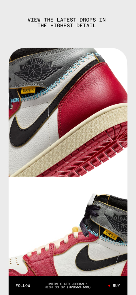 House of Heat - Vista de cerca de las Union x Air Jordan 1 High OG SP mostrando detalles de zapatillas de alta calidad dentro de la app House of Heat.