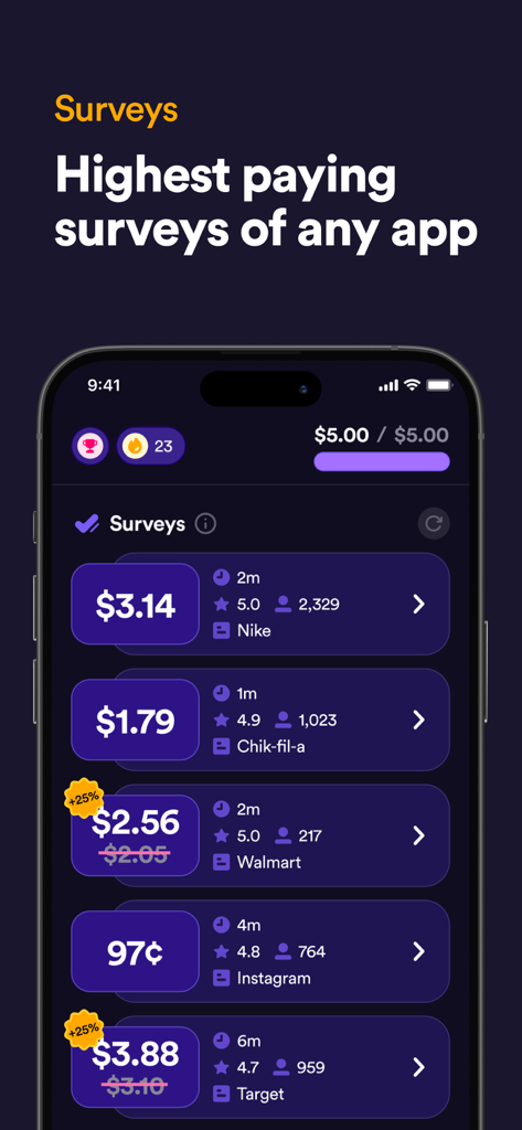 Survey Spin app interface showing a list of available surveys with cash rewards from major brands like Nike and Walmart.