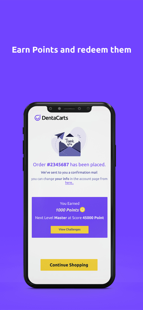 DentaCarts - Order confirmation screen on DentaCarts app showing successful purchase and points earned.