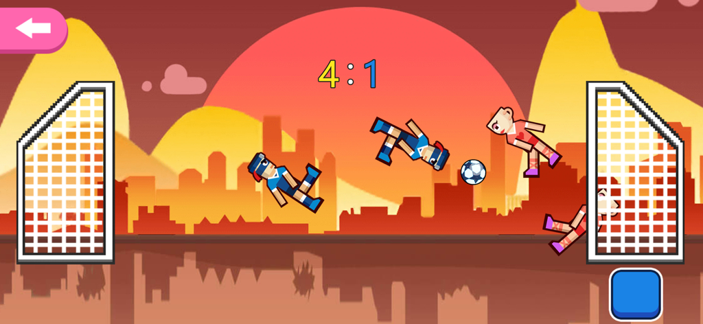 Happy Soccer Physics - Funny physics-based soccer gameplay with pixelated characters and a city sunset background