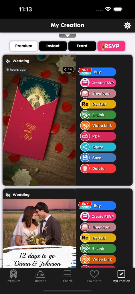 Video Invitation Maker Ecards - RSVPを作成、共有、編集するオプションとともに、保存された結婚式の招待状デザインのコレクションを表示するVinviteアプリ画面
