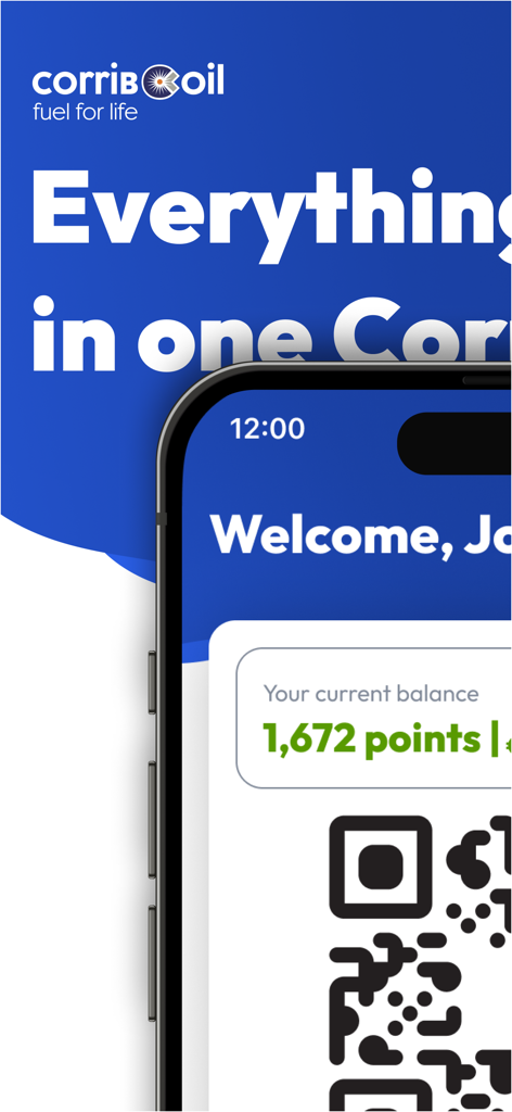Corrib Oil - Corrib Oil app interface showing loyalty points balance and QR code for rewards