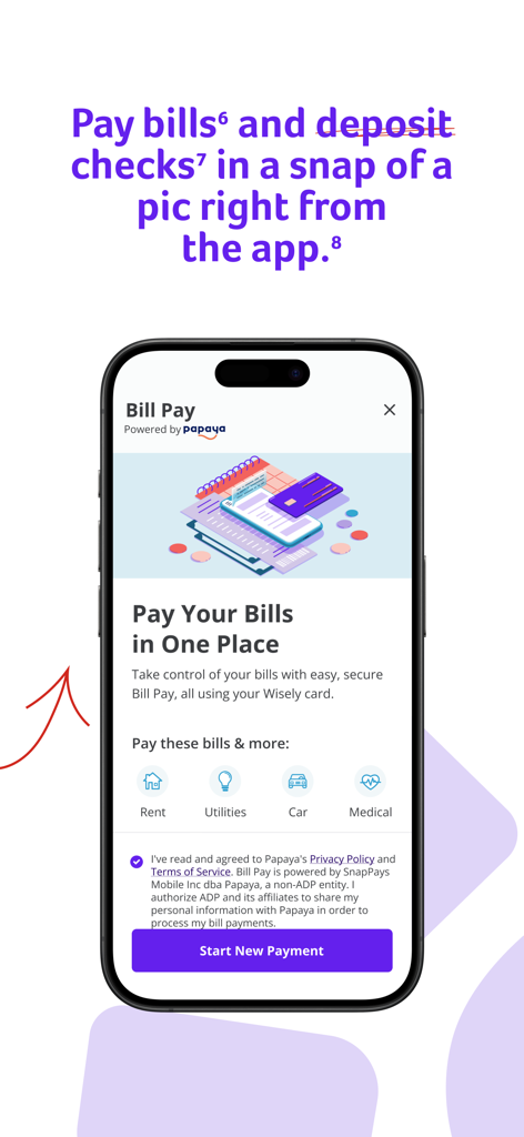 Captura de pantalla de la aplicación myWisely que muestra la función de pago de facturas para alquiler y servicios públicos