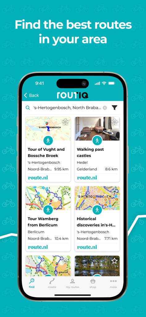 Routiq, Outdoor routes - Uma tela de celular mostrando a interface do aplicativo Routiq com várias rotas locais de caminhada e ciclismo para descoberta.