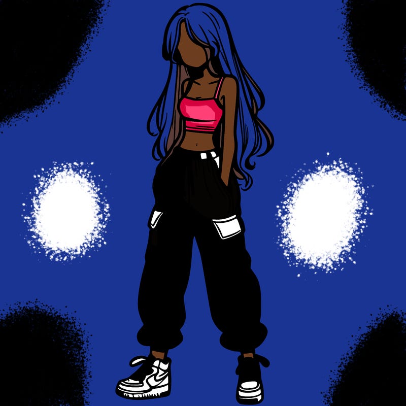 girl in baggy pants crop top and long hair