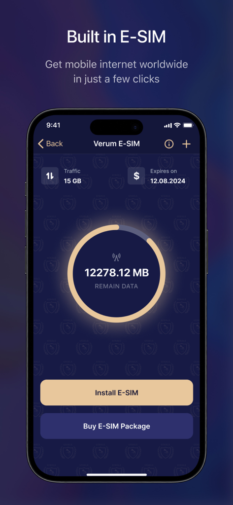 Verum Messenger app screen showing built-in eSIM data management and purchase options