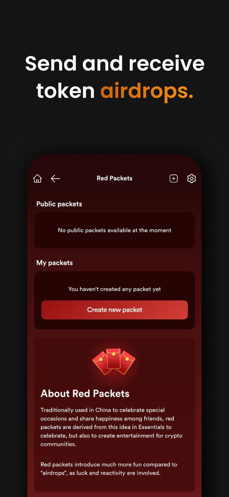 Red Packets를 통해 토큰 에어드랍을 보내고 받는 Elastos Essentials Wallet 인터페이스