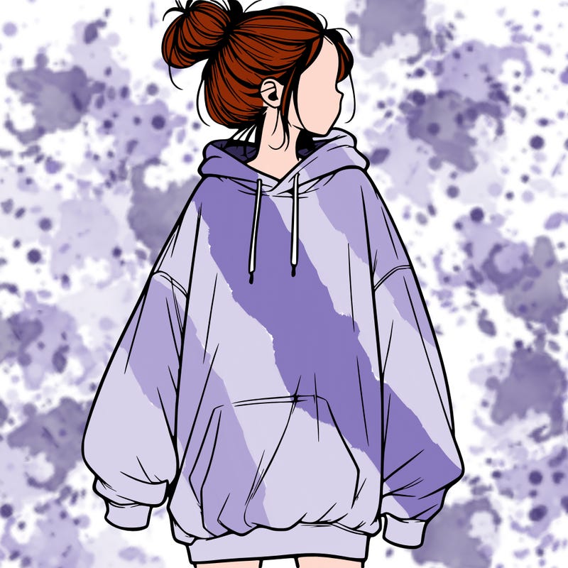 realistic girl with a oversized sweatshirt on and a bun