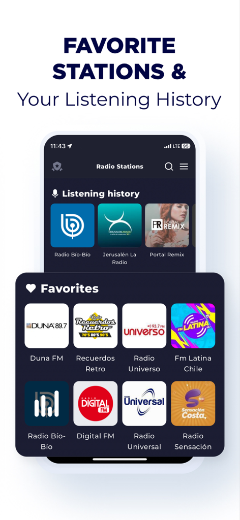 Radio Chile Live FM AM Online - Radio Chile app interface showing favorite stations and listening history