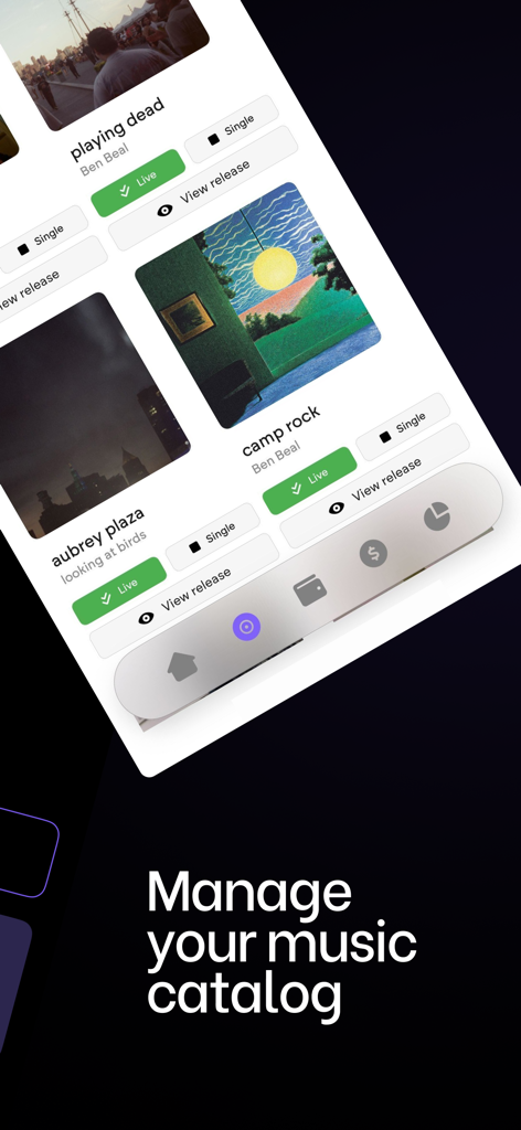 Too Lost: Music Distribution - Interface de l'application Too Lost montrant le catalogue musical d'un artiste indépendant avec des singles en direct et l'état de la distribution.