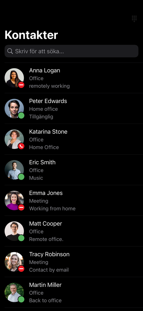 Telia Touchpoint Plus - Digital directory in Telia Touchpoint Plus showing employee presence and status