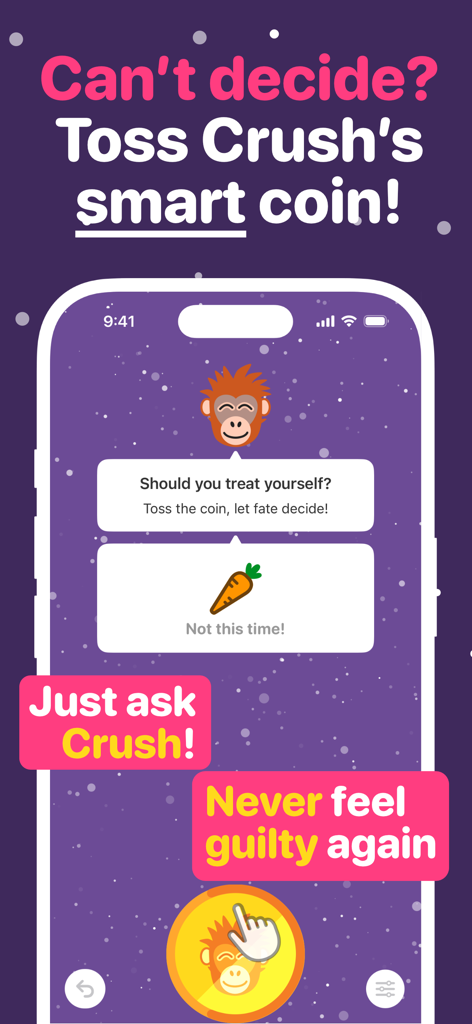 Quit Sugar: No Treat Today - Una captura de pantalla de la aplicación Quit Sugar que muestra la función de lanzamiento de moneda inteligente con la mascota Crush el orangután para ayudar a los usuarios a decidir si deben tomar un capricho.