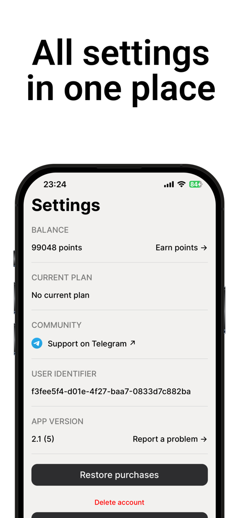 Home VPN: Fast Unlimited Proxy - Home VPN settings screen showing balance points current plan and support on Telegram