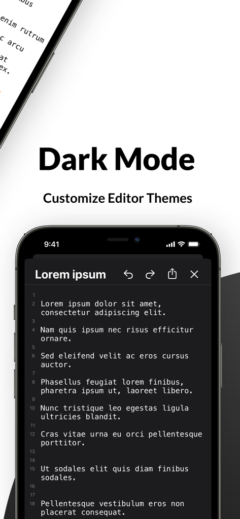 Text Editor - Document Editor - Text editor mobile app interface showing dark mode theme with line numbers on an iPhone screen.