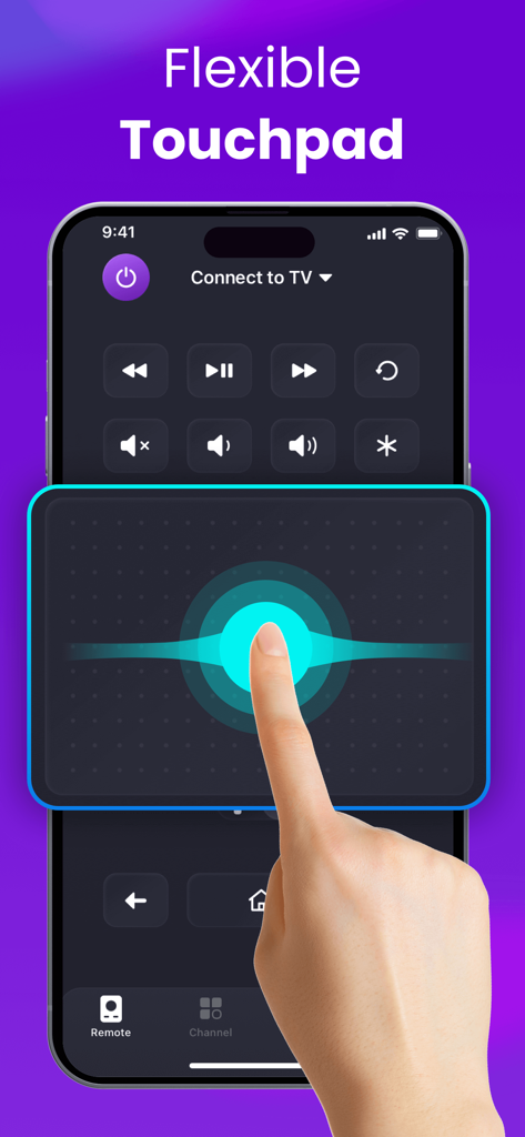 Universal Remote for Smart TV+ - A hand navigating the flexible touchpad on the Universal Remote for Smart TV plus app interface.