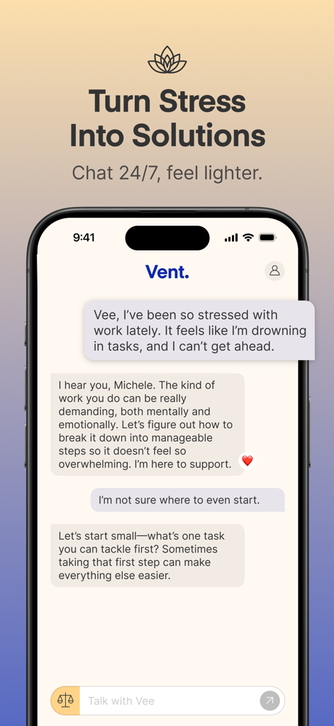 Vent app interface showing a supportive chat conversation with AI companion Vee about managing work stress.