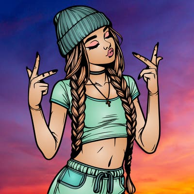 realistic teenage girl with braids and a beanie and crop top doing 🫶🏼