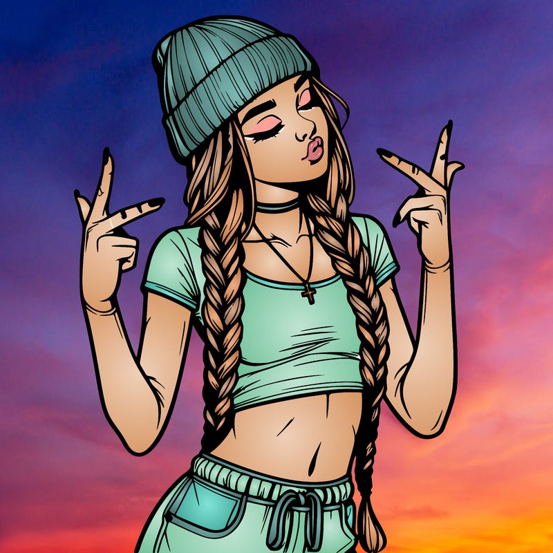 realistic teenage girl with braids and a beanie and crop top doing 🫶🏼