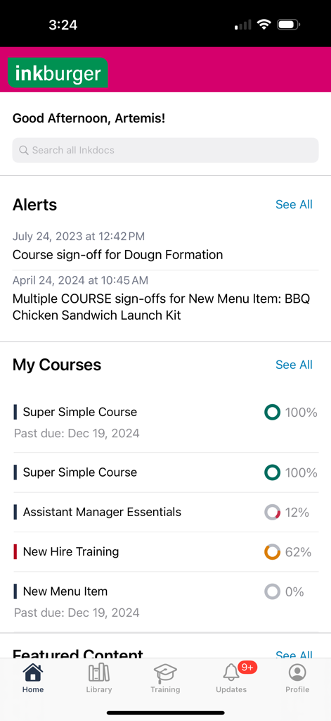 Inkling - The Inkling app home screen showing training course progress and alerts for a corporate employee.