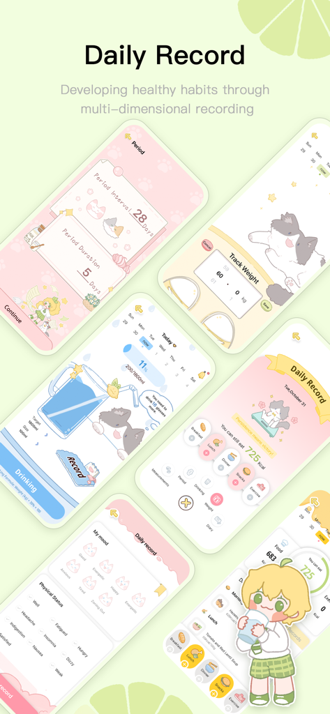 귀여운 고양이 마스코트와 일일 건강 추적 기능이 포함된 LemonFast 앱 인터페이스