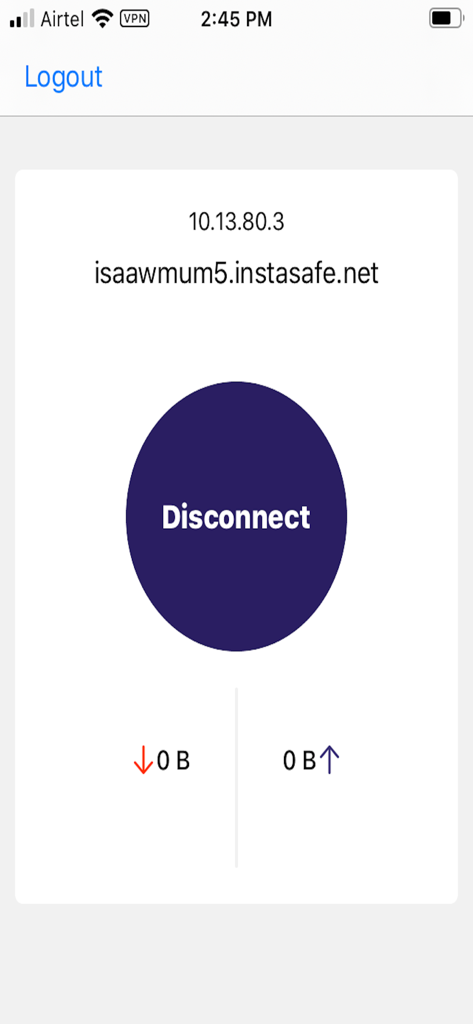 InstaSafe Secure Access - InstaSafe Secure Access dashboard showing active server connection and disconnect button