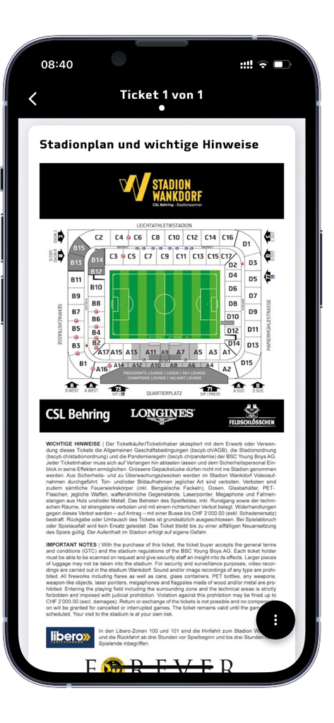BSC YB Ticket-App - Stadium plan and important ticket information for Stadion Wankdorf in the BSC YB mobile app.