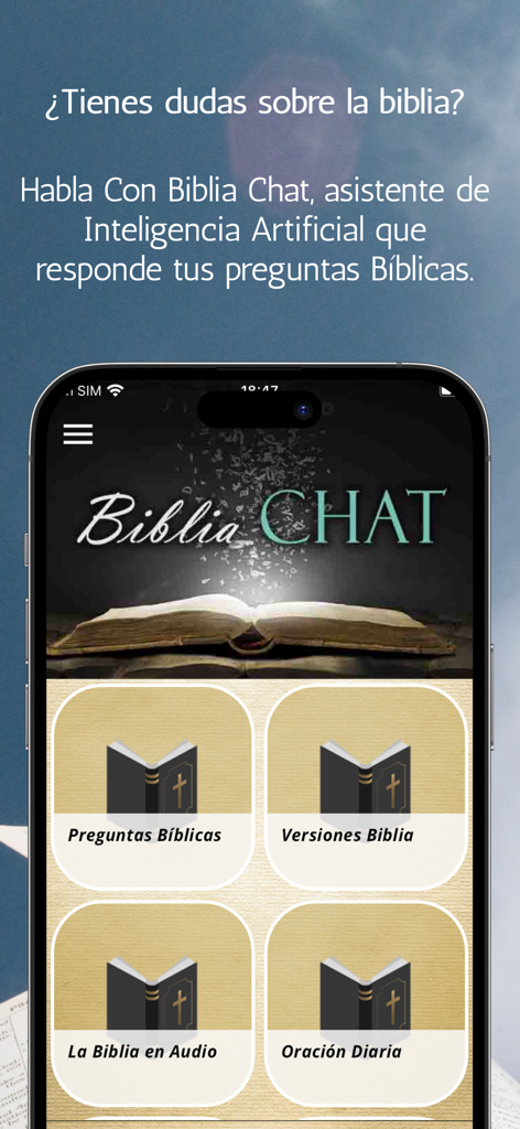 Biblia Chat IA GPT - Startbildschirm der Biblia Chat IA GPT App mit Menüoptionen für biblische Fragen und Audiobibel auf Spanisch
