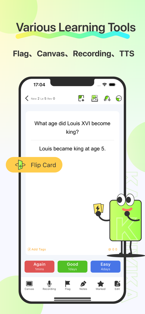 GreenNote flashcard interface with spaced repetition buttons and study tools like recording and canvas.