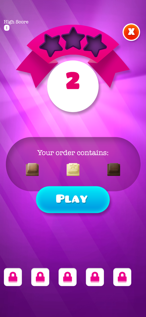 Choco Blocks Chocolate Factory - Start screen for level 2 in Choco Blocks Chocolate Factory showing the chocolate order requirements and a play button