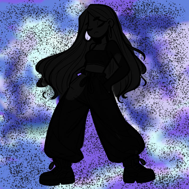 girl in baggy pants crop top and long hair