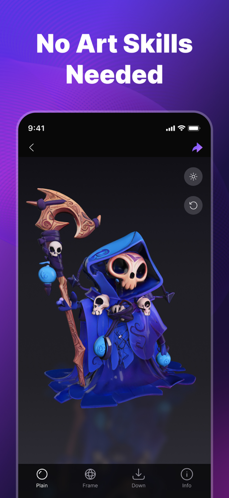 Tripo AI - 3D Model Generator - Tripo AI app interface showing a generated 3D skeletal character in a blue cloak with the text No Art Skills Needed.