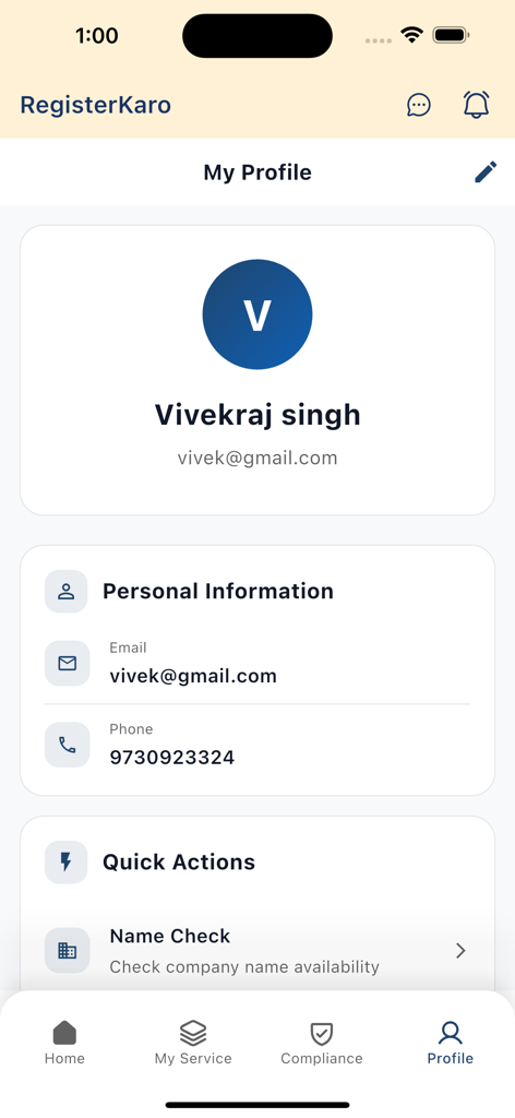RegisterKaro - Tela de perfil de conta de usuário do Register Karo mostrando detalhes da conta pessoal e ações rápidas de serviços empresariais