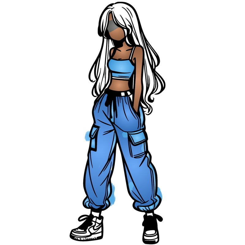 girl in baggy pants crop top and long hair