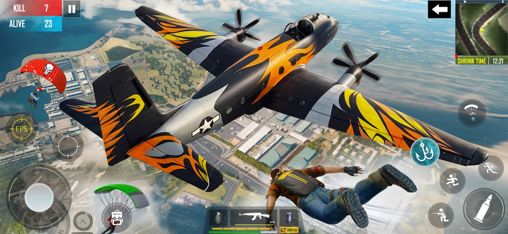 A player skydiving from a flame-painted plane in Max Fire Battlegrounds Offline.